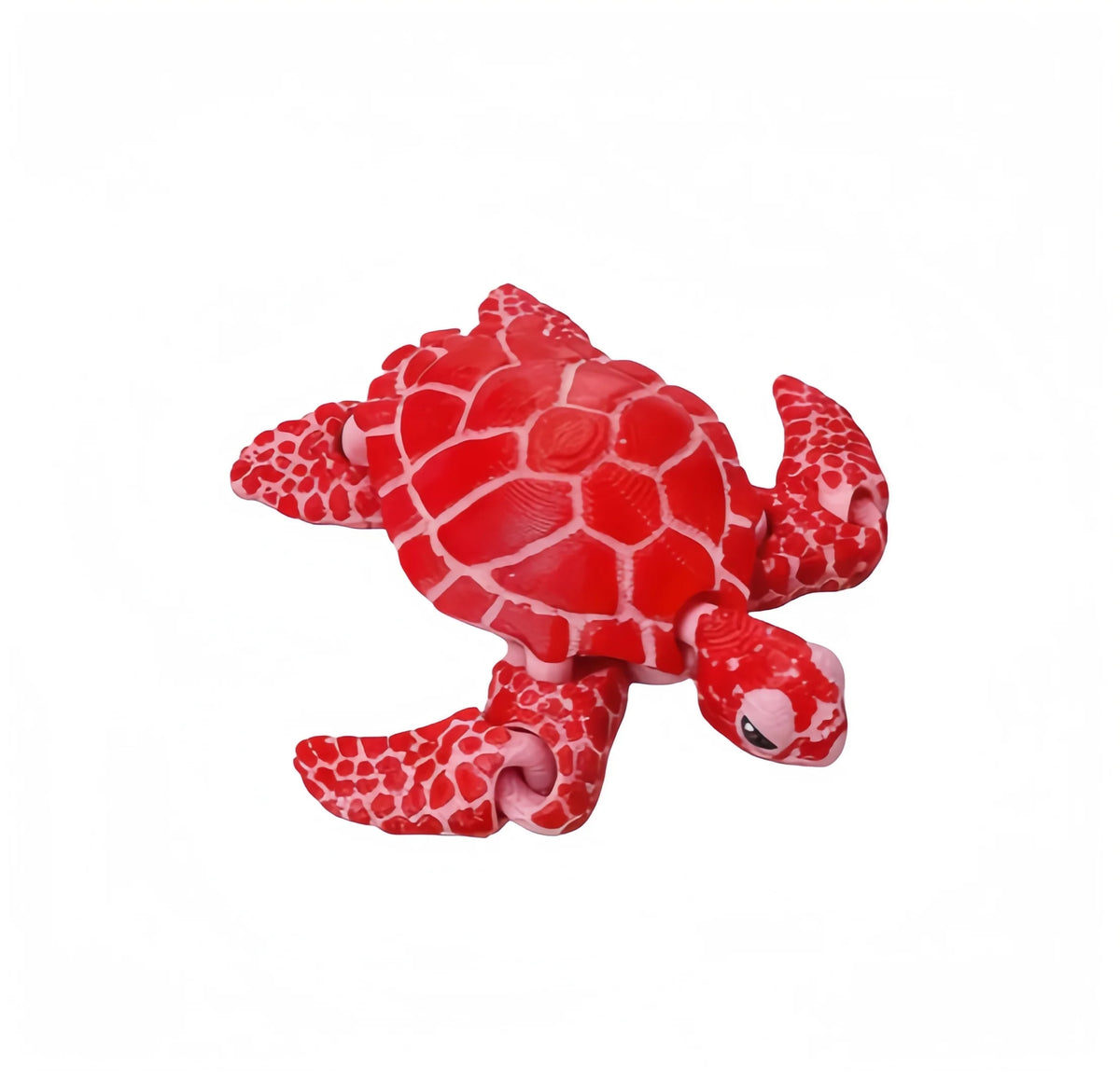 A bright red 3D printed articulated turtle figurine decoration.