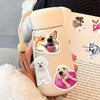 A light beige bottle with a cork stopper features various dog meme stickers on the body.