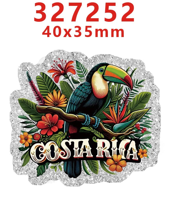 Silver glitter acrylic charms featuring a Costa Rican toucan and tropical leaves for DIY hair bows.