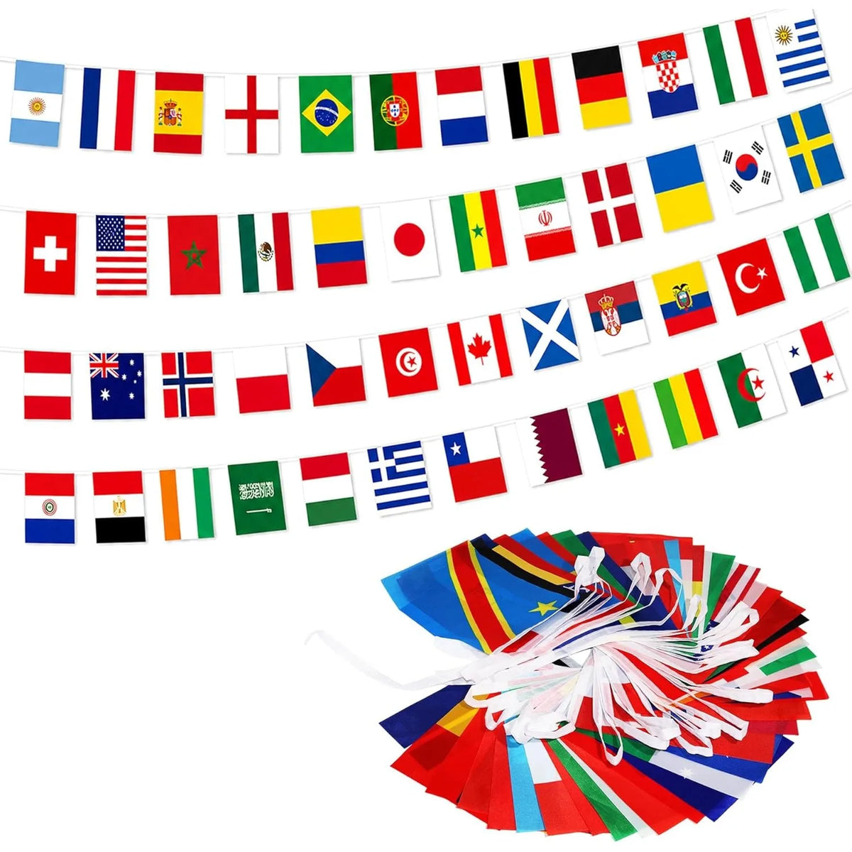 A colorful bunting banner displaying 48 international country flags strung together.
