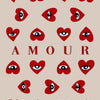 A pattern of red heart-shaped eyes and triangles on a beige background.