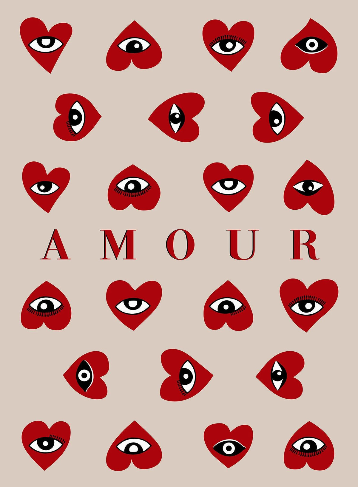 A pattern of red heart-shaped eyes and triangles on a beige background.