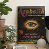 A canvas art print featuring the title Arabella with a stylized eye design and text about outer space.