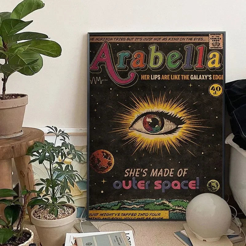 A canvas art print featuring the title Arabella with a stylized eye design and text about outer space.