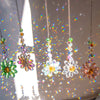 Un ensemble de diffuseurs solaires en cristal à la forme de tournesols, scintillants de lumière multicolore.