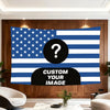 A large tapestry featuring the American flag design with a question mark overlay on a navy blue and white striped background