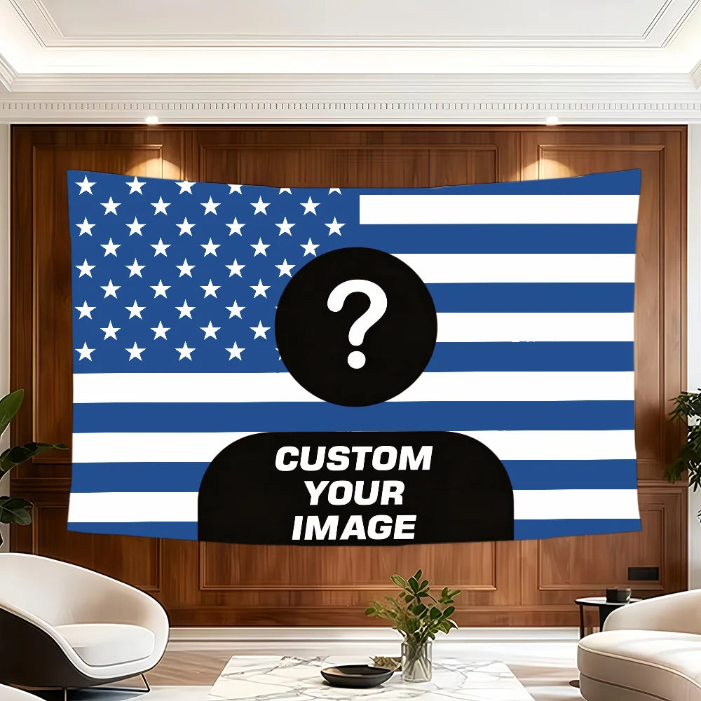 A large tapestry featuring the American flag design with a question mark overlay on a navy blue and white striped background