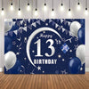 A dark blue party backdrop featuring a large silver crescent moon and the text Happy 13th Birthday surrounded by stars and bu
