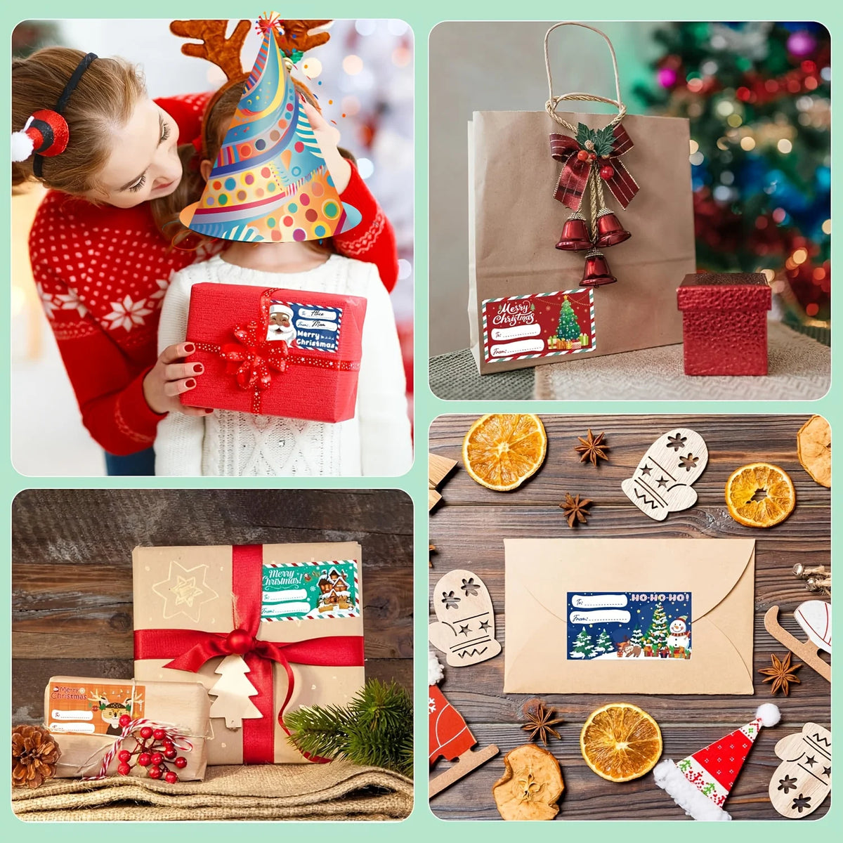 A collection of Christmas gift tag stickers and decorative items including a festive cone hat, wrapped gifts, and seasonal de