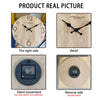 A wood grain wall clock showing the right side, detail view, silent movement, and reverse side density board.
