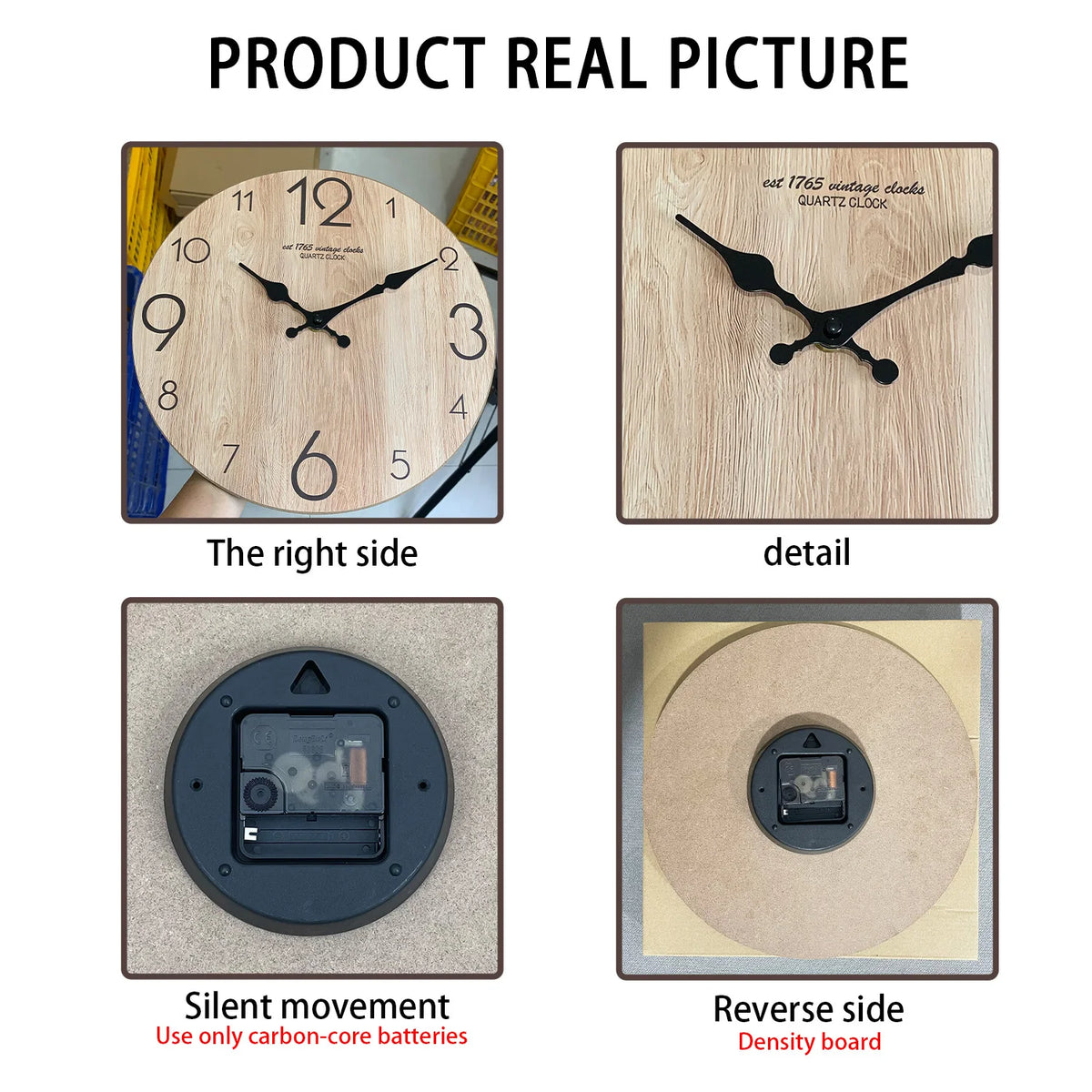 A wood grain wall clock showing the right side, detail view, silent movement, and reverse side density board.