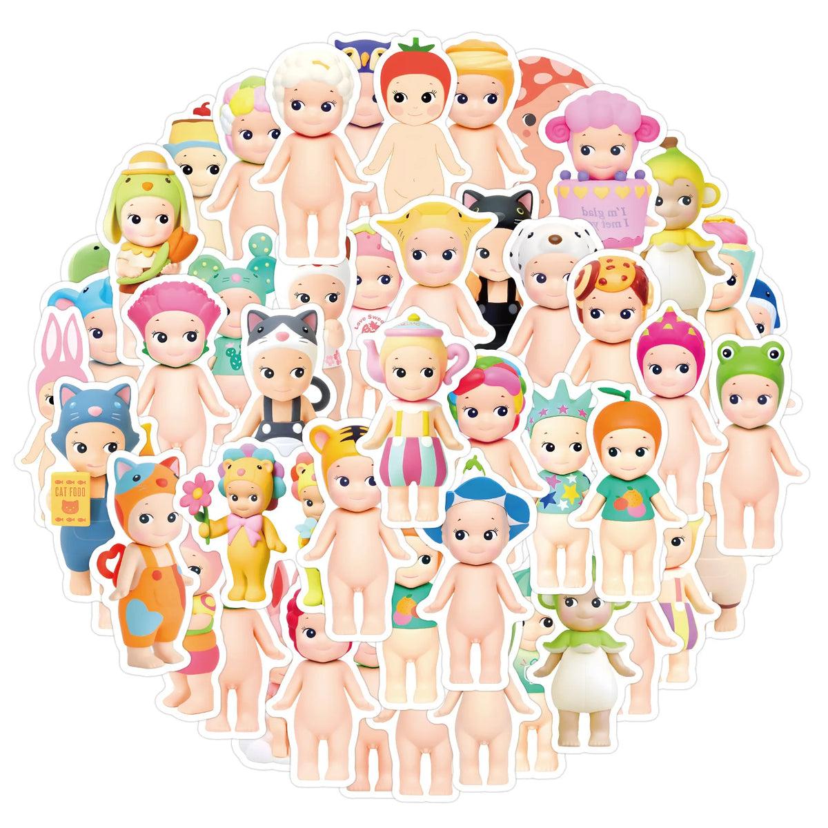 A collection of cute character decals and stickers featuring various animal and human-like figures in pastel colors.