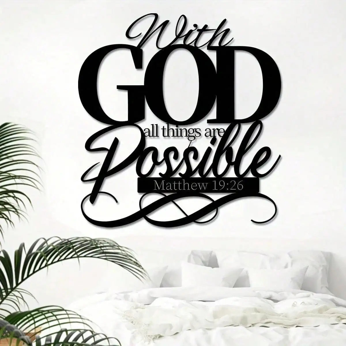 Black metal wall art featuring the inspirational Bible verse With God all things are possible from Matthew 19:26