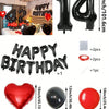 A set of red and black foil number balloons, heart balloons, and letter balloons for birthday decorations.