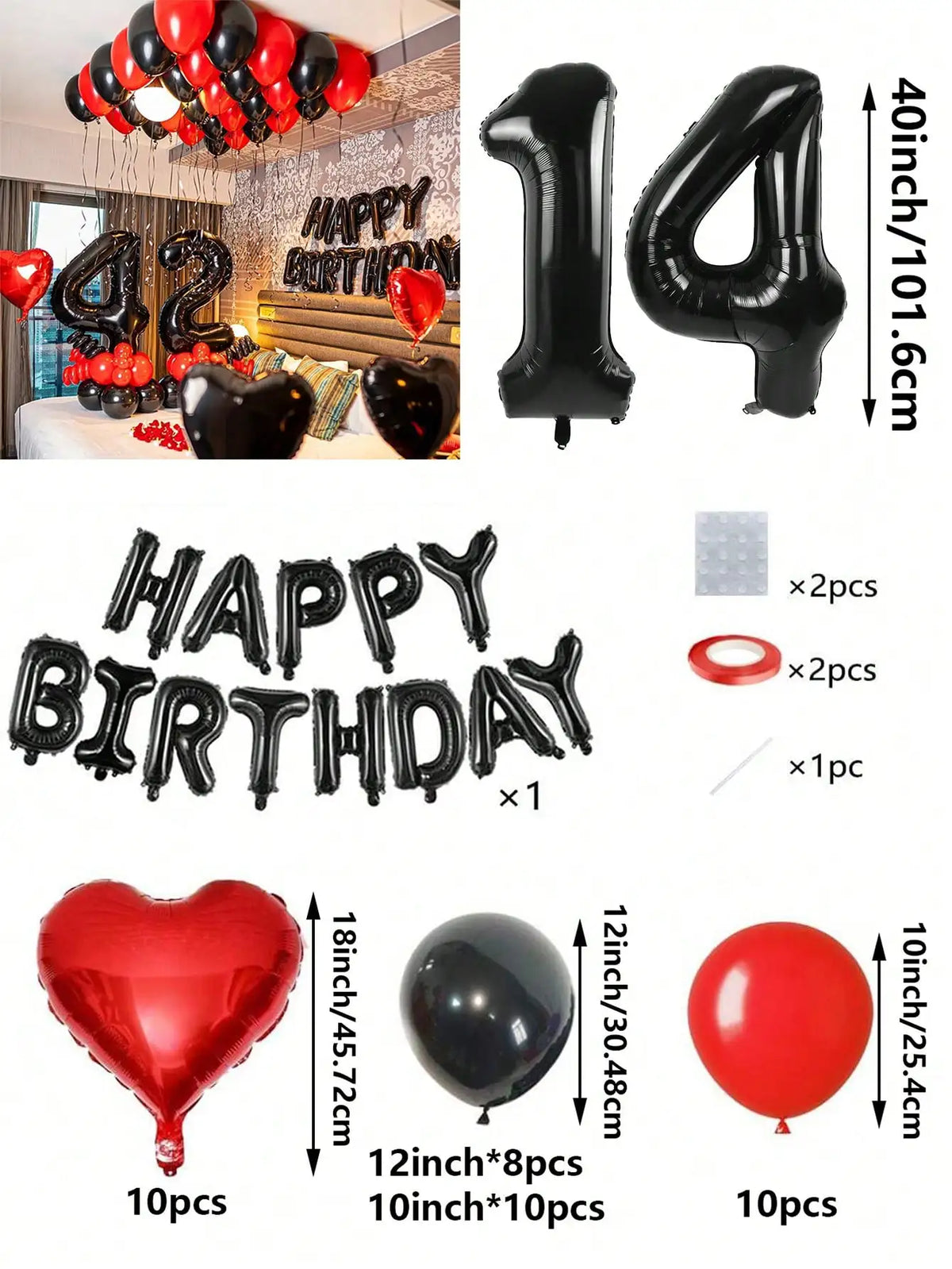 A set of red and black foil number balloons, heart balloons, and letter balloons for birthday decorations.