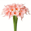 A bouquet of five pink calla lily stems with green leaves.