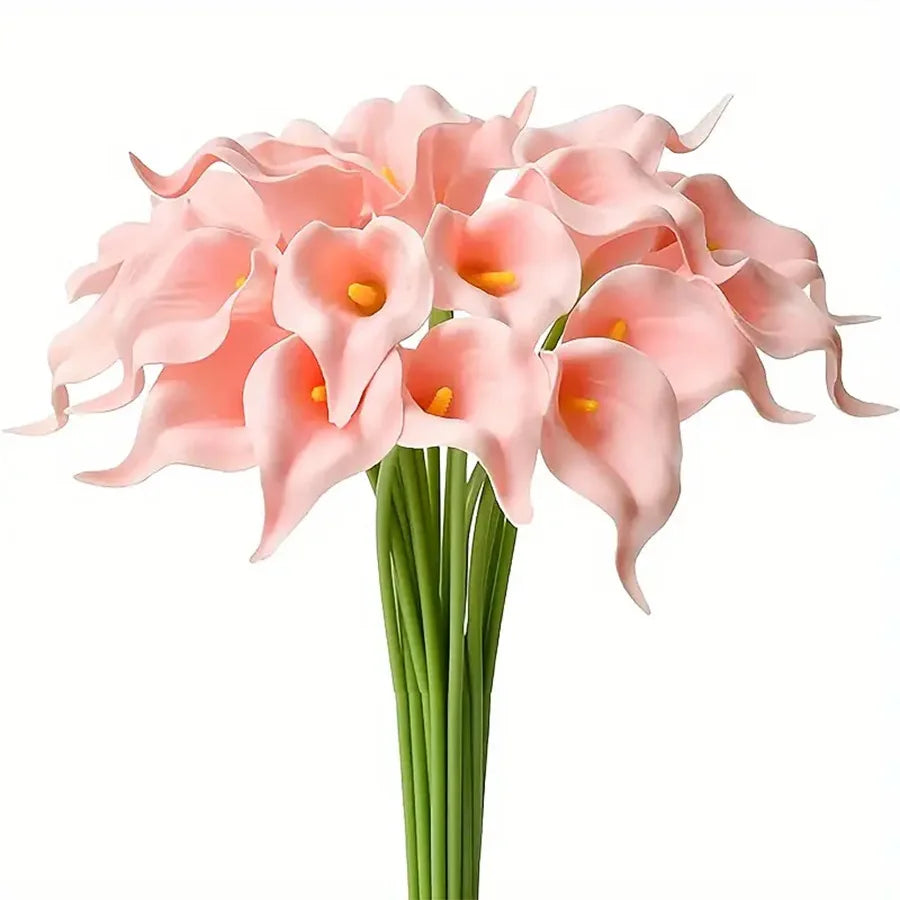 A bouquet of five pink calla lily stems with green leaves.