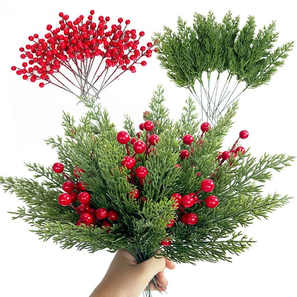Artificial Christmas berry stems with green pine branches and red berries