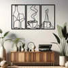 Three framed minimalist metal line drawings of a bottle, a cup, and a pencil on a light gray wall.