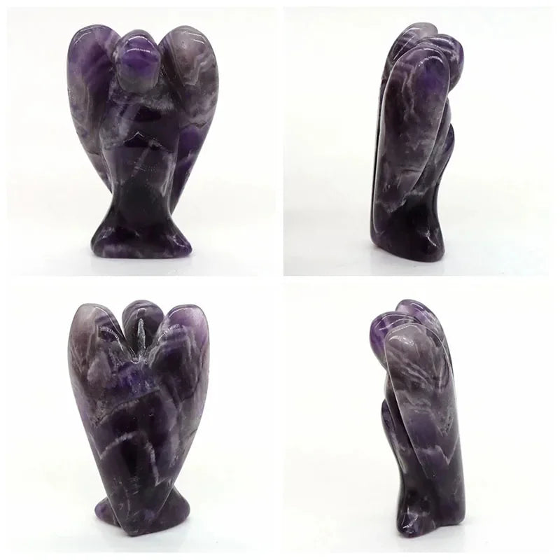 Hand-carved purple crystal figurine of an angel in various views.