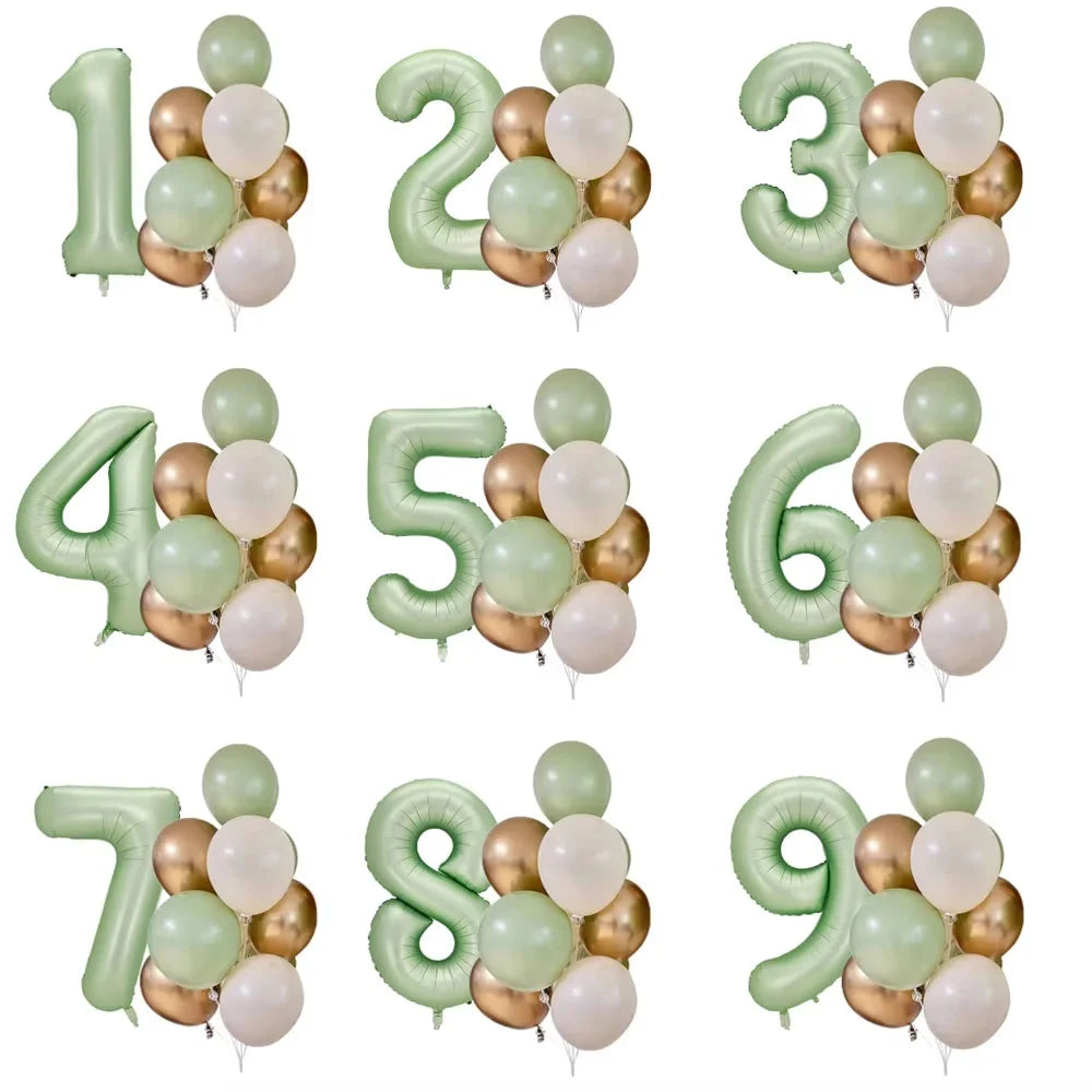 A set of olive green foil balloons shaped like the numbers 1 through 9 for parties and celebrations.