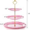 A three-tier pink plastic cupcake stand with gold accents, showing various sizes.