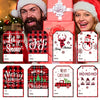 A woman and a man smiling while holding a roll of Christmas present stickers