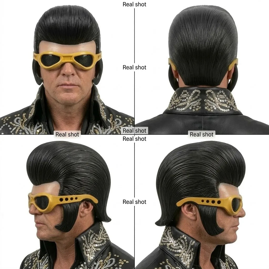 Un hombre vistiendo una chaqueta de cuero negra y una máscara de rock vintage dorada con gafas amarillas.