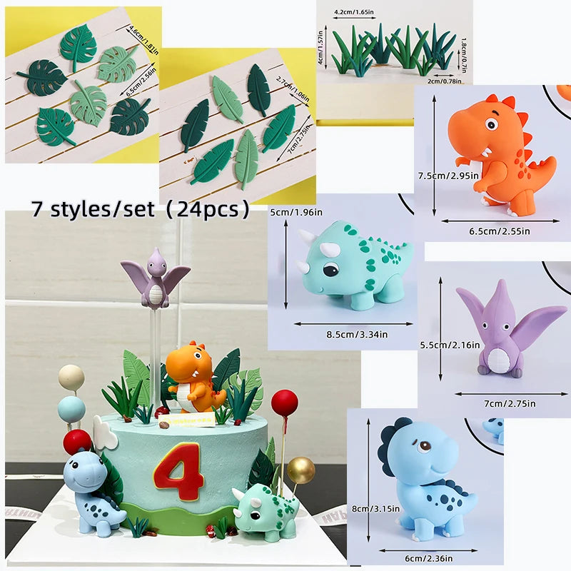 Un juego de siete toppers para pastel de dinosaurios jurásicos en colores verde y naranja.