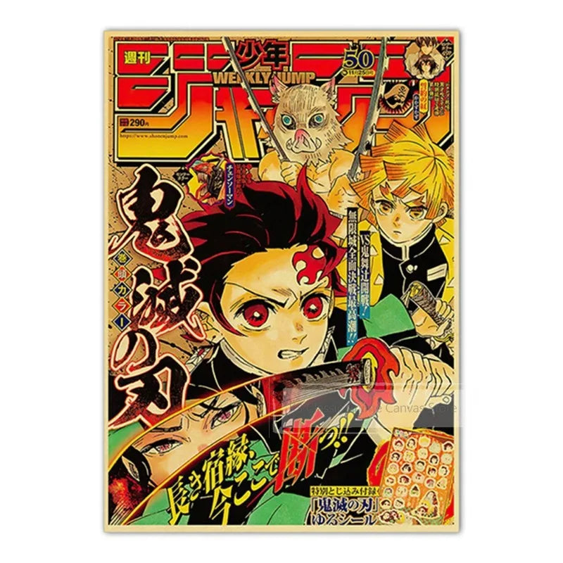 A poster featuring characters from JoJo, Jujutsu Kaisen, and Demon Slayer anime series.