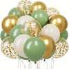 A cluster of gold and light green confetti balloons for celebrations
