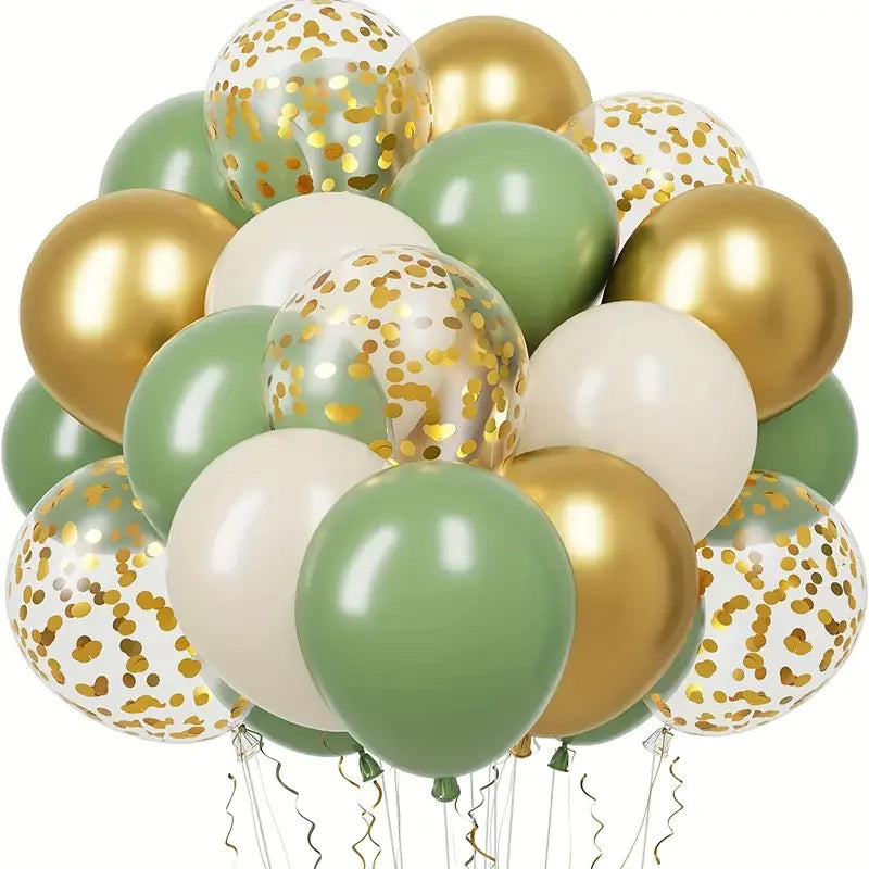 A cluster of gold and light green confetti balloons for celebrations