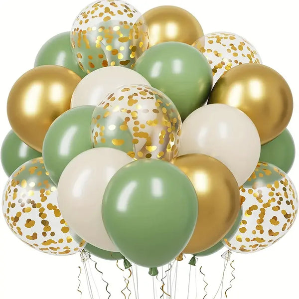 Un grupo de globos de confeti dorados y verde claro para celebraciones