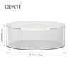 A clear acrylic cake display stand with a diameter of 12 inches and a height of 10.15 inches.
