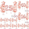 A collection of rose gold foil balloons in various numbers and shapes for milestone birthday and party decor