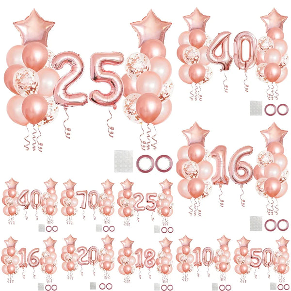 A collection of rose gold foil balloons in various numbers and shapes for milestone birthday and party decor