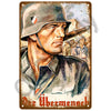 A vintage metal sign featuring a portrait of a soldier and other figures, with the text Der Übermensch.
