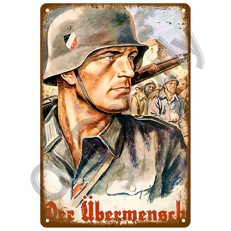 A vintage metal sign featuring a portrait of a soldier and other figures, with the text Der Übermensch.