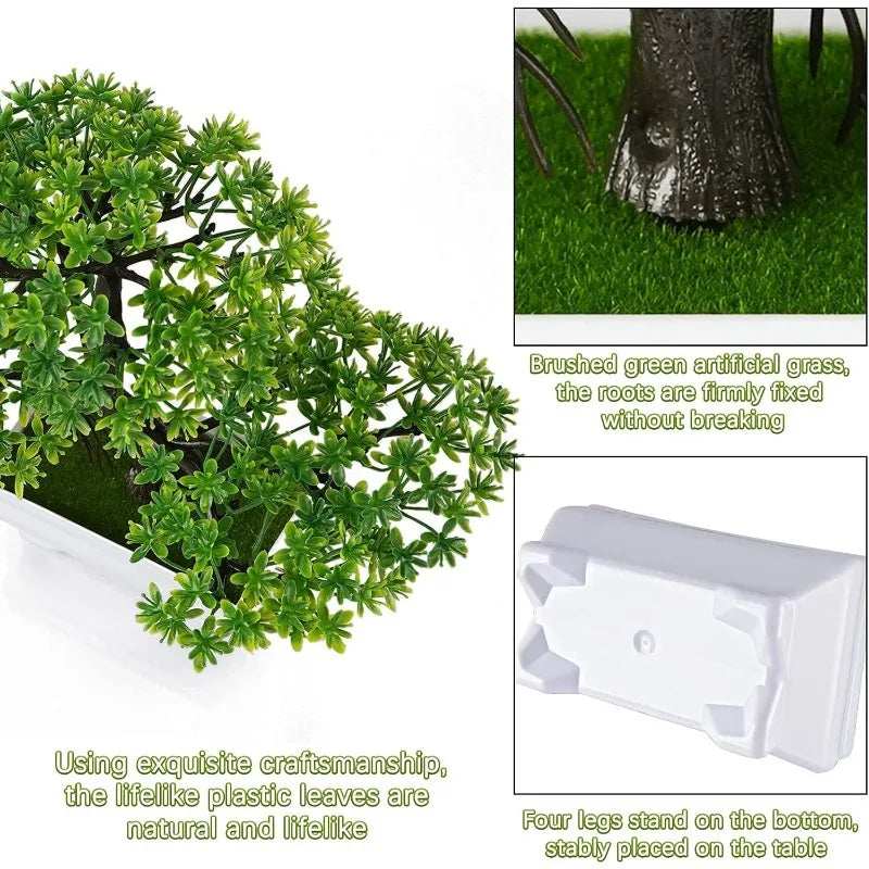 Artificial bonsai tree decoration with green leaves and four legs standing on a table.