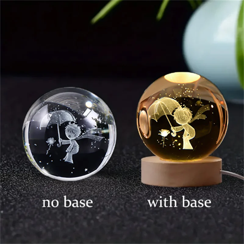 A comparison of a crystal ball night light without a base and with a wooden base.