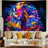 A vibrant tapestry featuring a space explorer amidst colorful alien flora and fungi against a dark cosmic background.