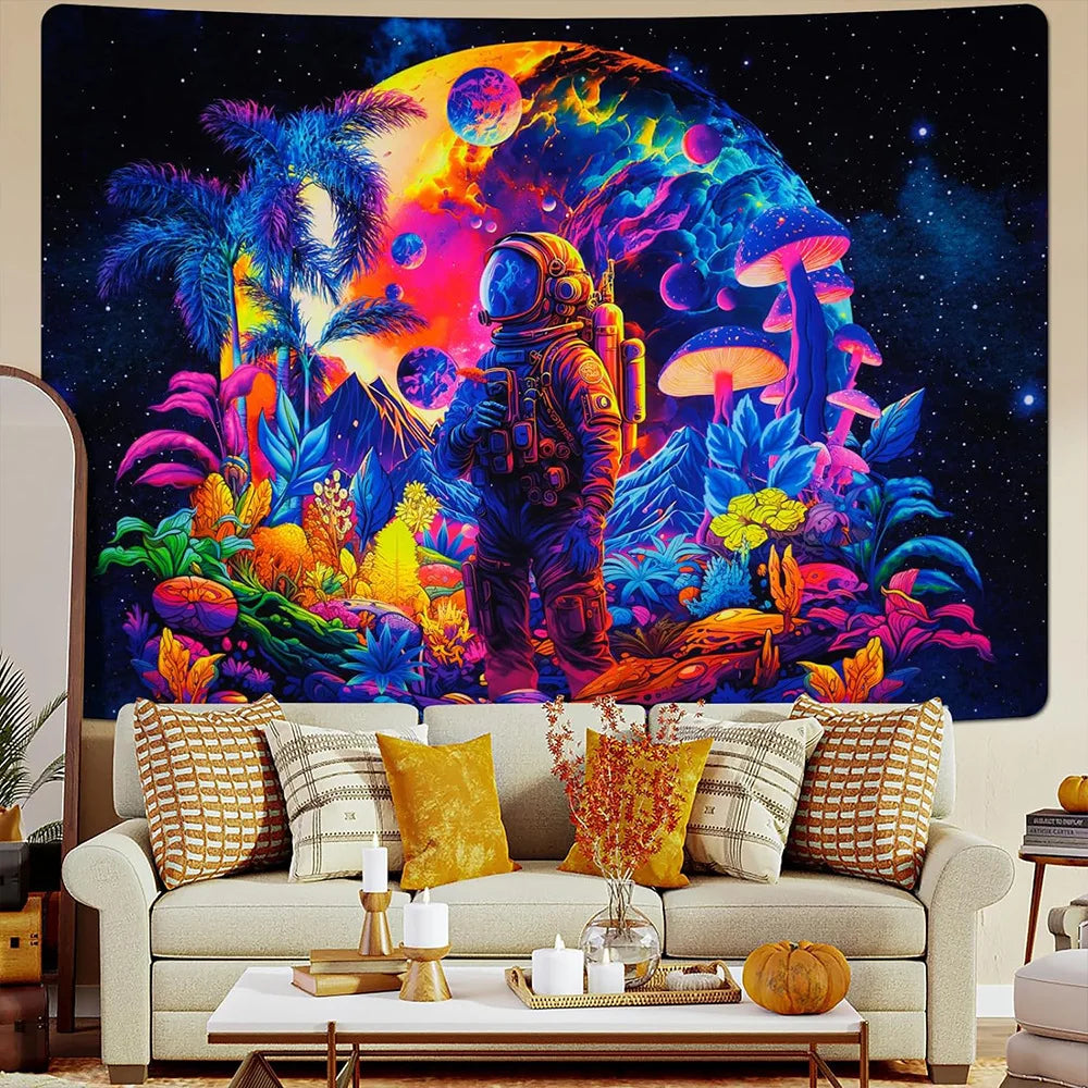 A vibrant tapestry featuring a space explorer amidst colorful alien flora and fungi against a dark cosmic background.
