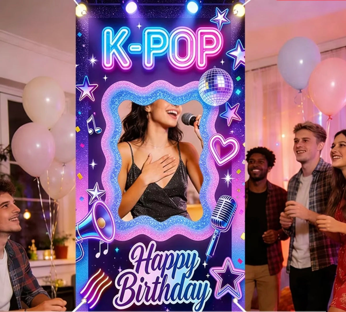 A vibrant K-Pop themed photo frame backdrop for a birthday party featuring a woman and several people.