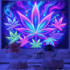 Neon cannabis leaf UV reactive tapestry wall hanging displayed on a dark background.
