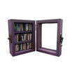 A purple wooden book display with a glass-fronted frame and a dark metal latch.