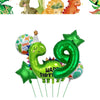 Green foil balloon shaped like the number 9 for a dinosaur birthday party