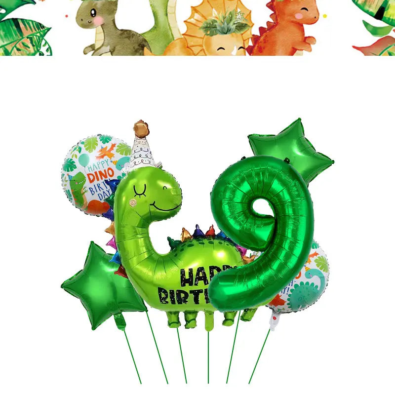 Green foil balloon shaped like the number 9 for a dinosaur birthday party