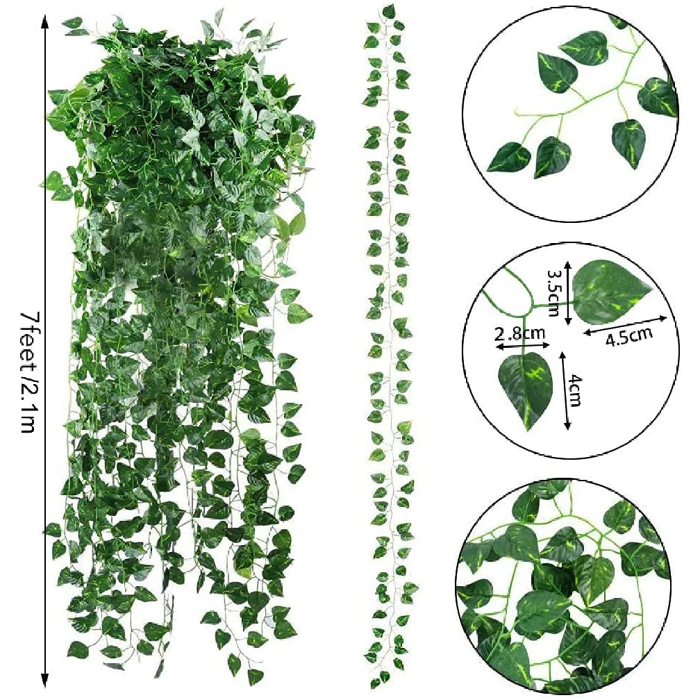 A long, cascading garland of artificial ivy leaves used for indoor and outdoor decoration.