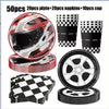 A set of birthday racing car party decorations including a helmet, plate, napkins, and cups.