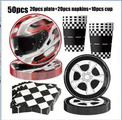 A set of birthday racing car party decorations including a helmet, plate, napkins, and cups.